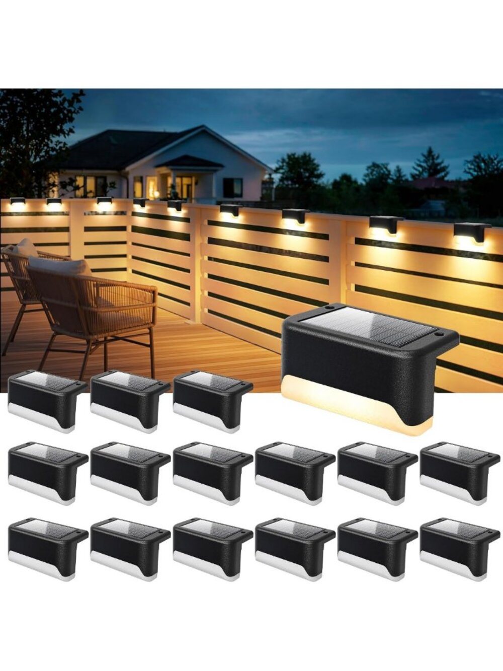 16 Pack Waterproof Solar Deck & Fence Lights - Outdoor Warm White LED Lighting